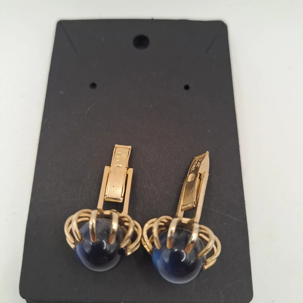 Vintage MCM Gold Tone Ball Cage Cufflinks Cobalt Blue Cabochon Pat Pend Unsigned